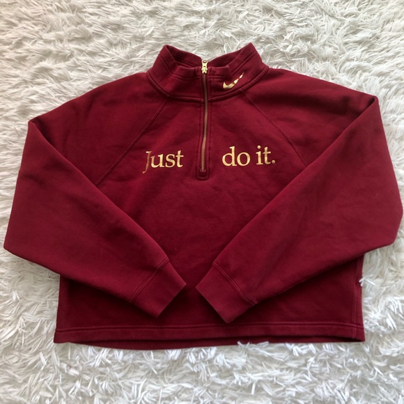 Nike Sweaters - Nike Women's 1/4 Zip Mock Neck Cropped Sweater Burgundy and Gold Size Large